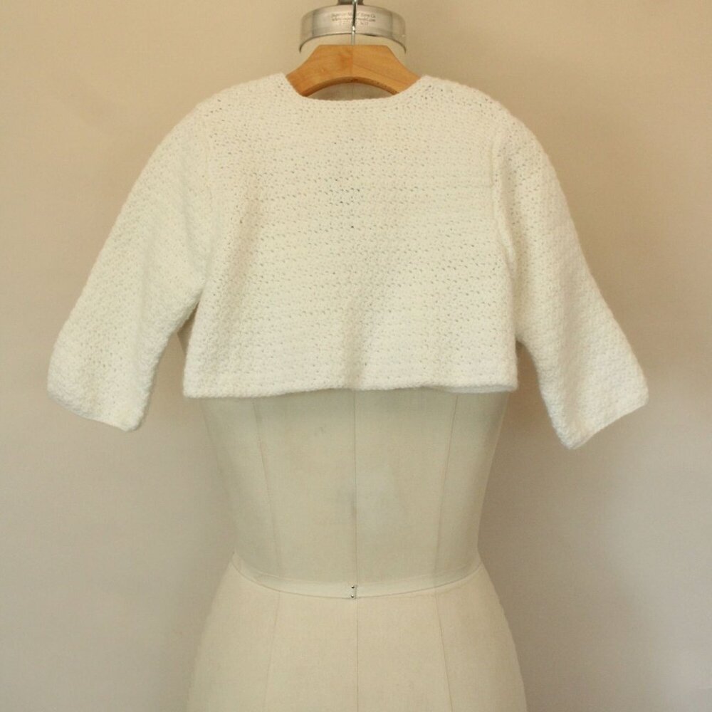 Vintage 1950s 1960s Baby Sweater, White Knit Cardigan with Blue Ties - Picture 7 of 10